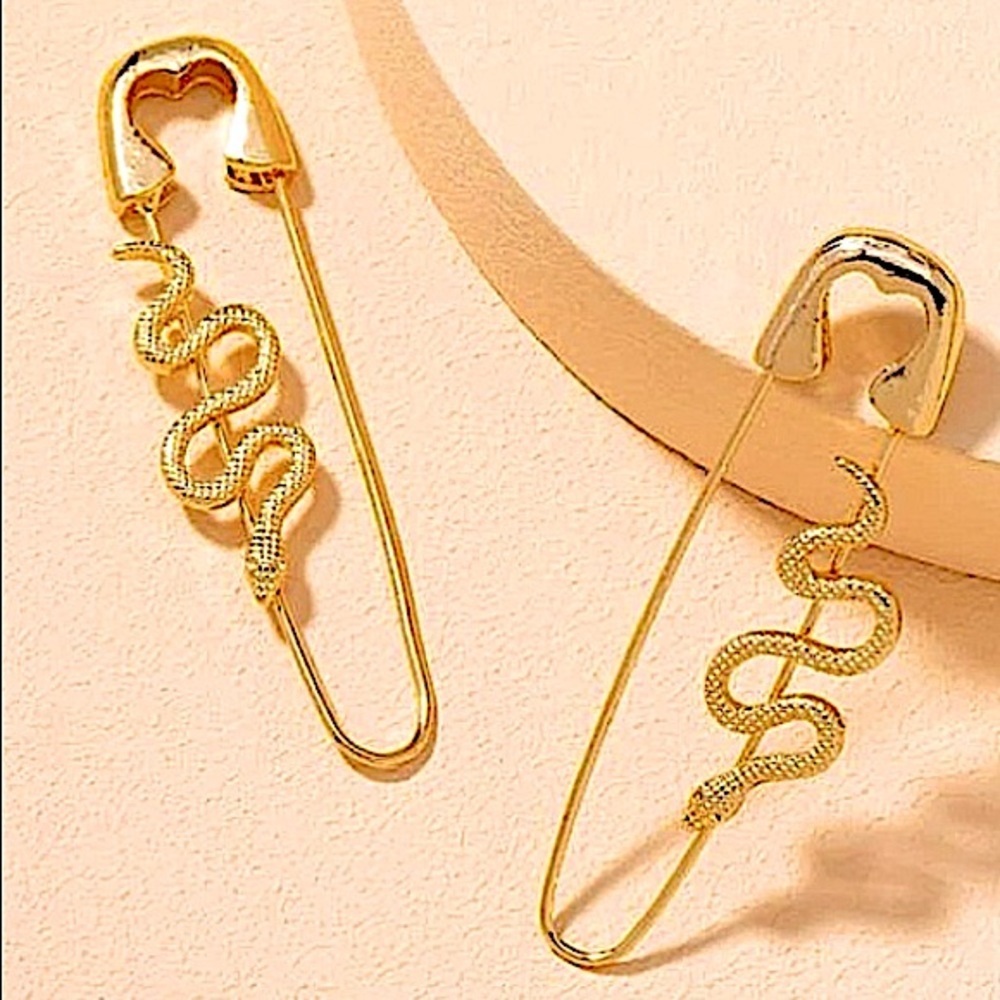 Gold Safety Pin Snake Earrings